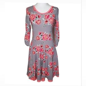 Matilda Jane Marzipan Dress Women's Gray Pink Rose Floral 3/4 Length Sleeve XS